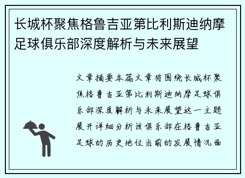 长城杯聚焦格鲁吉亚第比利斯迪纳摩足球俱乐部深度解析与未来展望