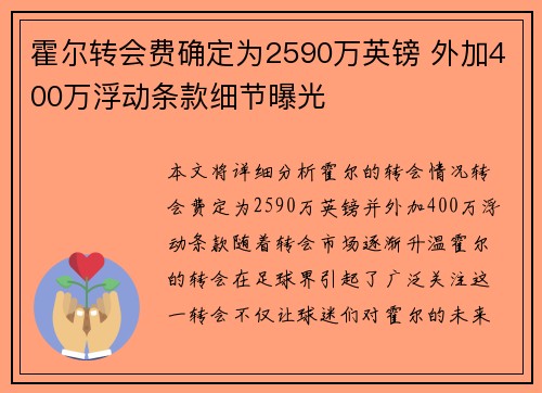 霍尔转会费确定为2590万英镑 外加400万浮动条款细节曝光