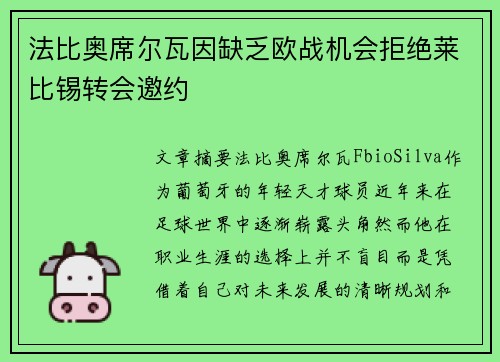 法比奥席尔瓦因缺乏欧战机会拒绝莱比锡转会邀约