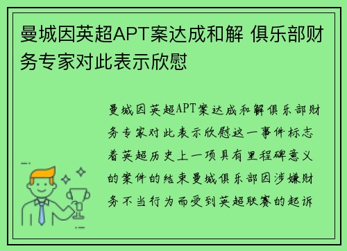曼城因英超APT案达成和解 俱乐部财务专家对此表示欣慰